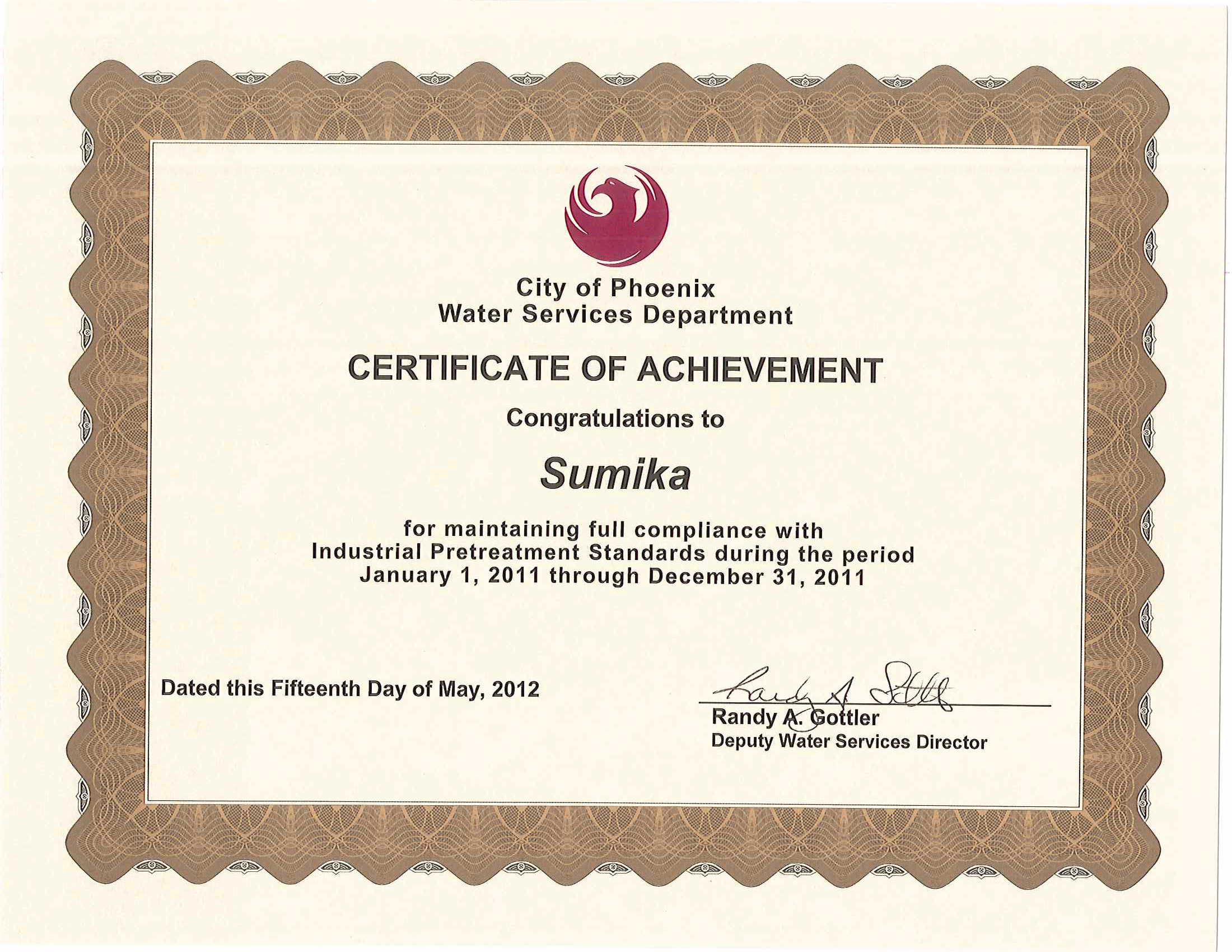 City of Phoenix Certificate for Full Compliance